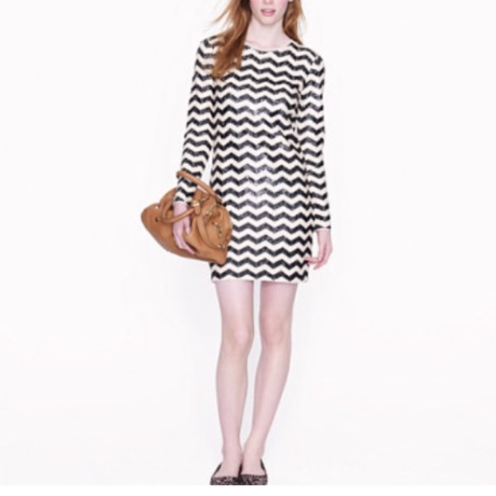 J. Crew Black and White Zigzag Long Sleeve Dress